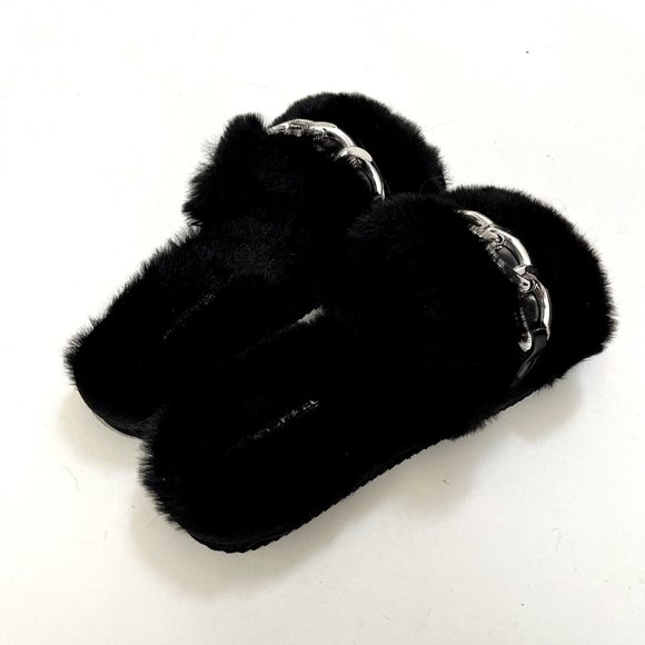 NWOB MICHAEL KORS Scarlett Chain Link Faux Fur Slide Sandal Black Fuzzy Furry - Picture 7 of 10